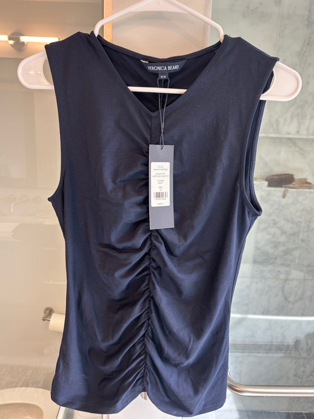 Veronica Beard Navy Sleeveless Ruched Front Tank